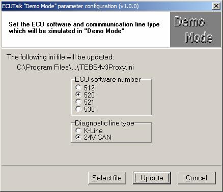 Demo Mode - Settings It is possible to align the functionality of Demo Mode to that of a specific TEBS software and also define the method by which ECUtalk will communicate with the TEBS.