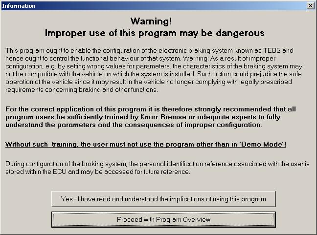 3.4 Information at Start Up When ECUtalk is first opened an information screen appears warning the user about improper use of the program and possible consequences that may arise