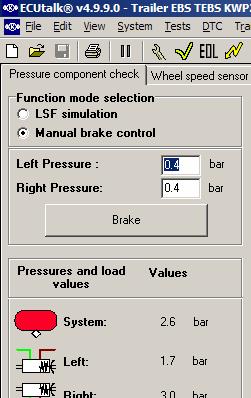 Select "Manual brake control" and the user-controls will change to "Left Pressure" and "Right Pressure" input fields and the configured load sensing characteristics will be removed from the diagram.
