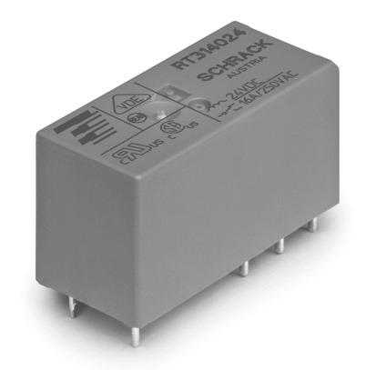 Power PCB Relay RT1 n 1 pole 12A/16A, 1 form C (CO) or n DC or AC coil n 5kV/10mm coil-contact, reinforced insulation n Ambient temperature 85 C (DC coil) n WG version: product in accordance to IEC