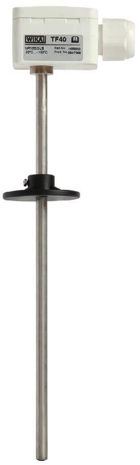 Duct temperature sensor Model TF40 For direct mounting on rectangular ventilation duct Available with Pt100, Pt1000 or NTC measuring element Maximum mounting flexibility: Configurable mounting flange