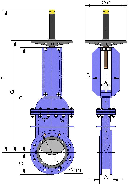 HANDWHEEL with rising stem B = Max. width of the valve (without actuator) D = Max. height of the valve (without actuator). Options: Locking devices. Extensions: stand, pipe, plates,.