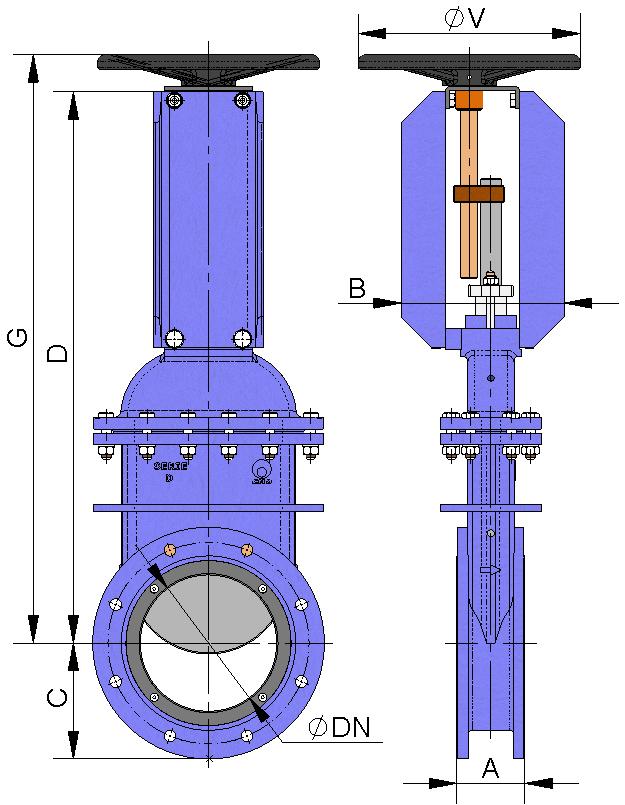HANDWHEEL with non rising stem Suitable when no size limitations exist. B = Max. width of the valve (without actuator) D = Max. height of the valve (without actuator). Options: Square nut.