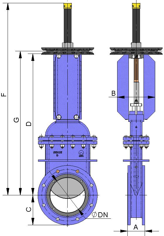 CHAINWHEEL Widely used in raised installations with difficult access, the handwheel is fitted in vertical position. B = Max. width of the valve (without actuator) D = Max.