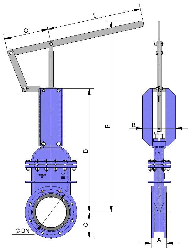 LEVER This is a fast actuator. B = Max. width of the valve (without actuator) D = Max. height of the valve (without actuator). The actuator includes: Lever. Stem. Guide bushing.
