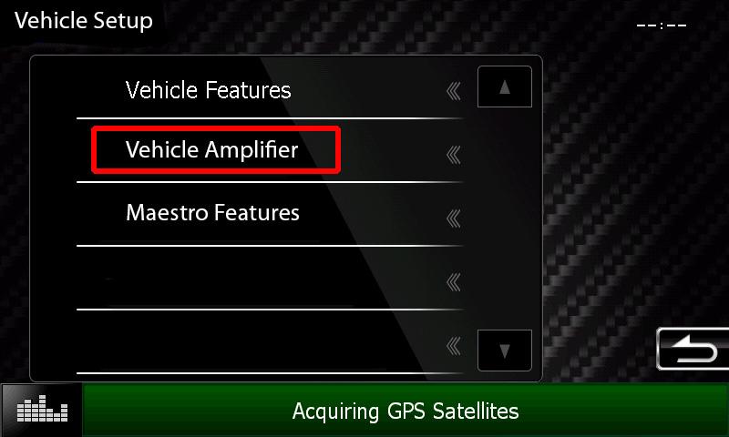 Vehicle Amplifier To adjust the settings of your factory amplifier, press on Vehicle Amplifier. This setting will only appear if your Maestro RR module detects a compatible amplifier in your vehicle.