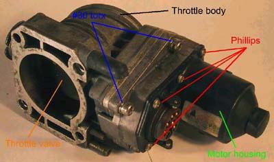 Take the throttle back to your bench, and remove the six phillips head screws holding the motor housing to the throttle body.