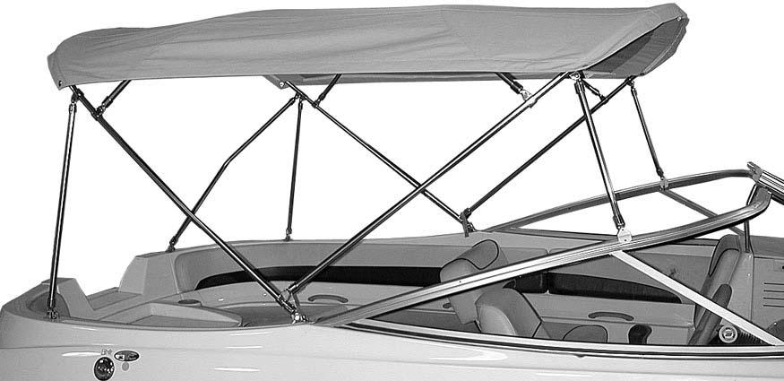 Pull the secondary bow (G) and the braces (H) forward. 5. Slide the windshield hinges of the forward brace over the predrilled holes (I) in the windshield frames and secure with the attached pins.