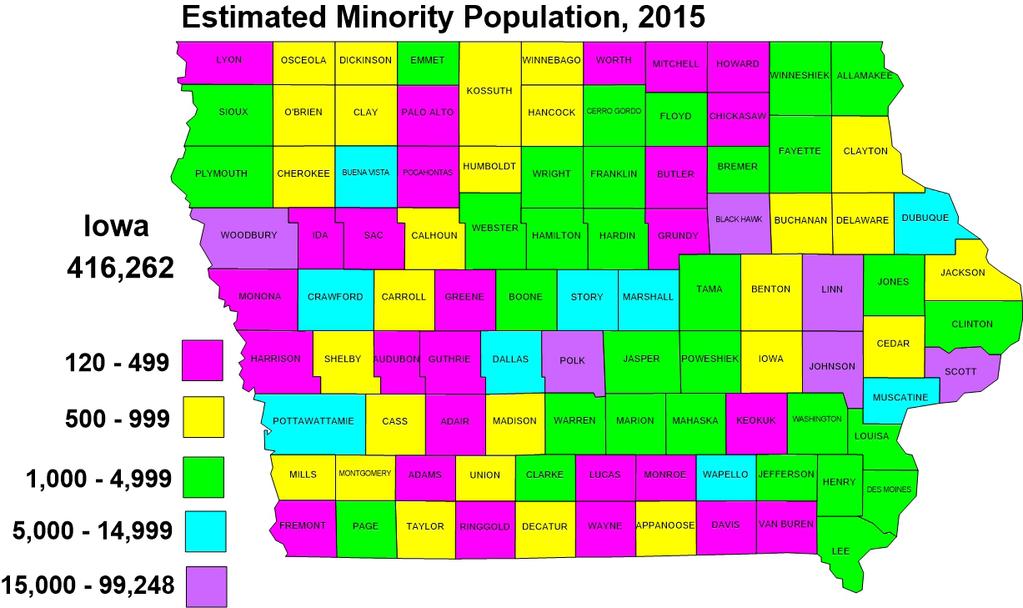 Table 2. Minority, Percent Minority, and Majority (White Alone, not Hispanic) Population in Iowa s Counties, 2015, 1 1980-2010; 2 Percent Minority, United States, 2015, 1 1980-2010 2 (continued).