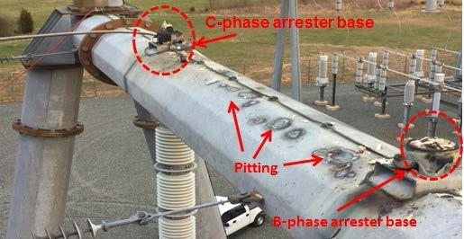 Lightning Arrester Failed Significant damage to the A-frame structure in the substation