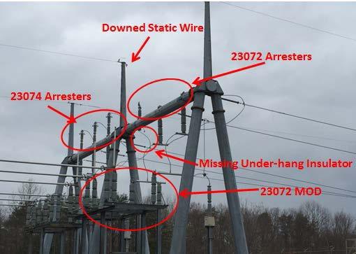 fence line Downed Static Wire C-phase arrester base 23072 Arresters 23074 Arresters Missing