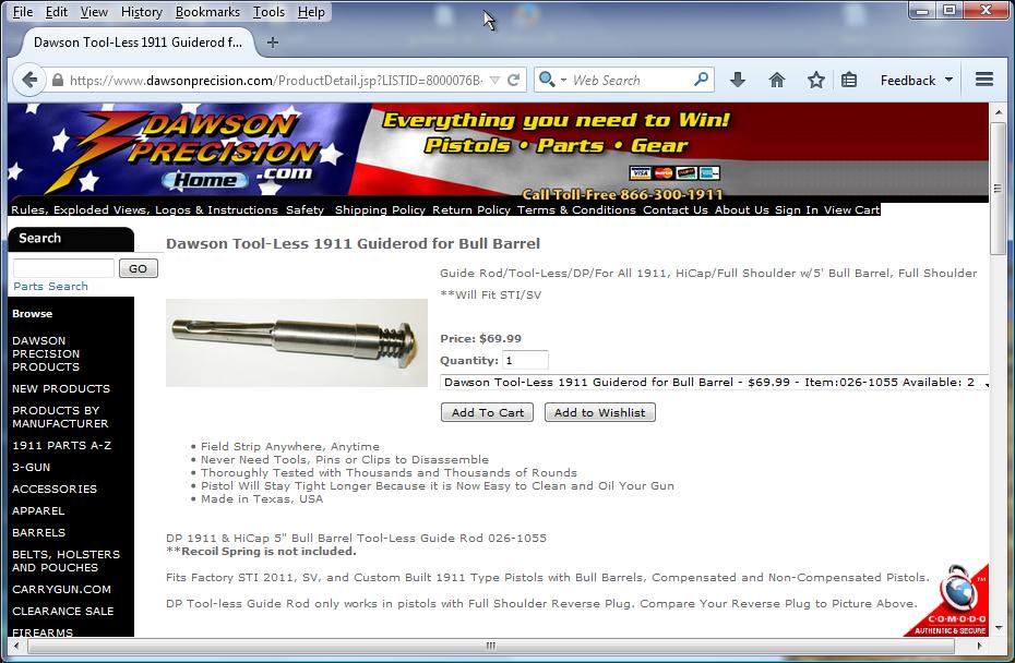 WebPage Info. DP 1911 & HiCap 5" Bull Barrel Tool-Less Guide Rod 026-1055 **Recoil Spring is not included.