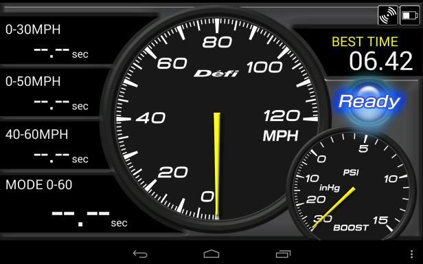 Time Measurement Settings Touch the Menu Key (Time Measurement Mode) on your Android device Measurement After you stop your vehicle completely, please touch Measurement, and then Ready message will