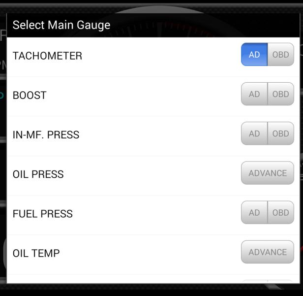 Set Up Gauge Types Touching the item among the digital-gauge category on the left side of the screen, you can choose the gauge types that you want to display.