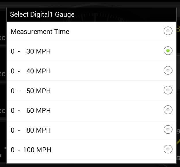 , Oil Pressure, Fuel Pressure, Oil Temperature, Water Temperature, Exhaust Temperature, Electric Pressure Connecting to OBD II Speed, Tacho, Turbo, IN-MF.P., Fuel Pressure, Water Pressure, Electric Pressure, Throttle Opening, Intake Temperature You can also select Blank (no display) on the digital gauge category.