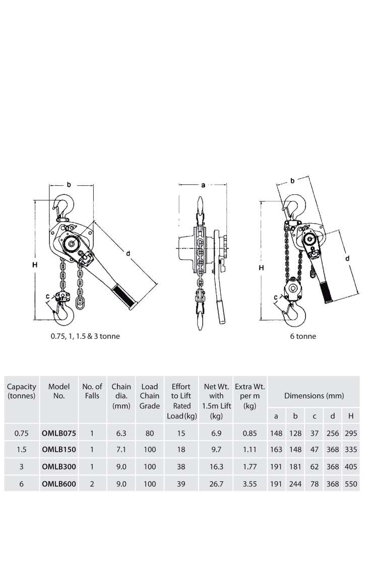 liftwheel Forged malleable hooks with wide throat opening and deformation indicators Test certifi cate and instruction manual supplied with every hoist