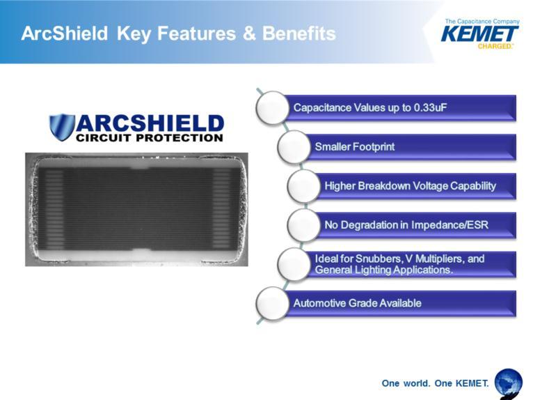 The key features and benefits associated with ArcShield Technology include: 1) ArcShield devices are available with capacitance values up to a 0.33uF. Maximum capacitance offerings include a 0.