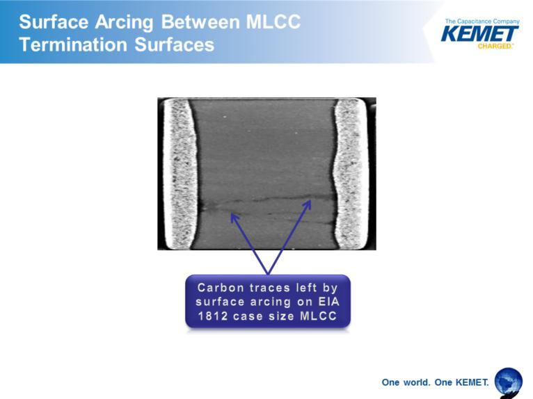 Arcing will typically result in the creation of a conductive leakage path across the surface of an MLCC. This leakage path is a carbonized track also known as a carbon trace.