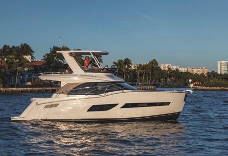 She offers a well-appointed command bridge, spacious salon with available lower helm station, fully equipped galley, two large private staterooms, two head compartments, and open floor plan that