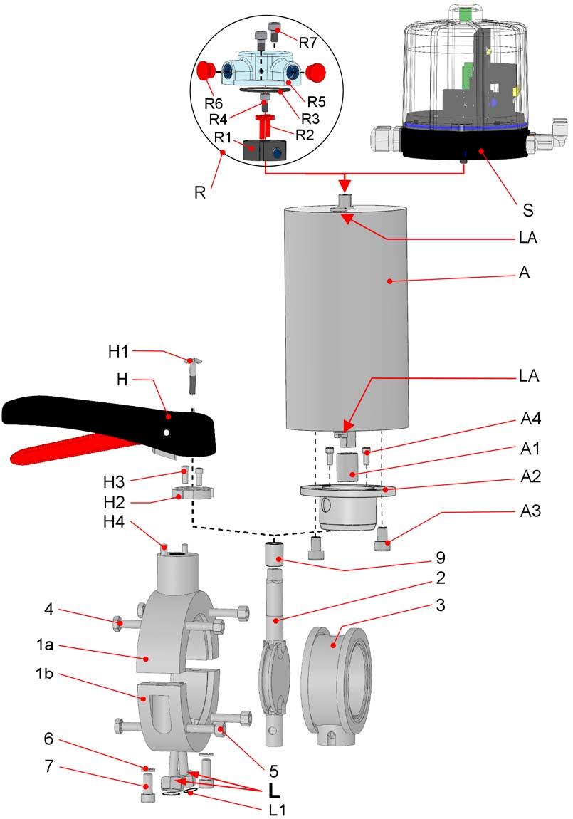 1) a) Housing upper part b) Housing lower part 2) Flap 3) Seal 4) Screw 5) Nut 6) Disc 7) Screw 8) Flange with a) Welding end (2069) b) Welding end (2041) c) Male part d) Liner/nut- connection 9)