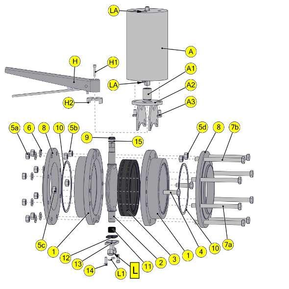 8 Drawings and dimensions Operating instruction KIESELMANN GmbH Drawing Leakage - butterfly valves DN150 1 = Housing flange 2 = Flap 3 =