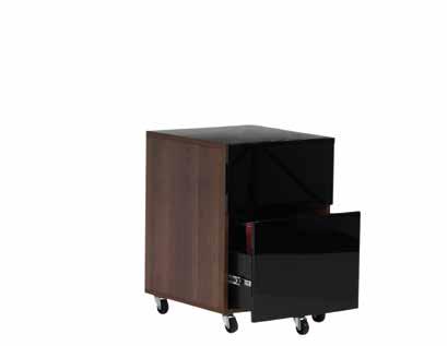 Contemporary designer work station Walnut effect complemented with beautiful black high gloss drawer fronts and chrome frame 2 large storage drawers Adjustable feet Perfectly matches the Juo Pedestal