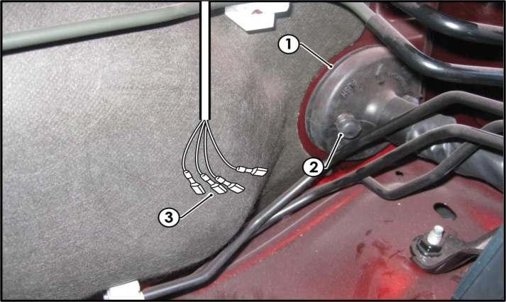Following the diagram below, house the brake controller power harness terminals (1) to the corresponding slot on the connector (2). 11.