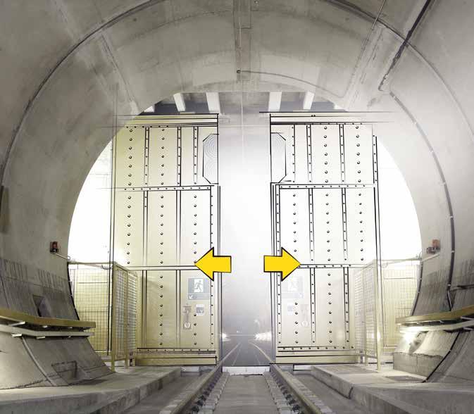 Gotthard base tunnel / Switzerland Emergency fire barrier with resistance to high pressure for maintenance work Track-change sliding door (9 metric tons per leaf) Absolutely no smoking Track-change