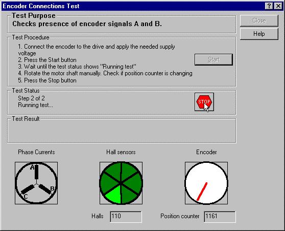 The Encoder Connection Test dialog will open. Follow the Test Procedure steps. The test will visually show the motor shaft movement, as measured from the encoder signals.