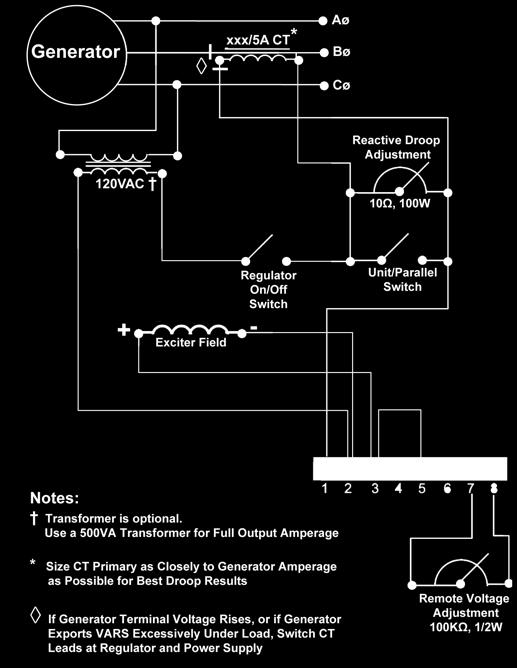 Parallel Configuration for Connection C To use the XR500D Universal Voltage Regulator in a parallel configuration either with another generator or with a buss such as a utility, use the diagram below