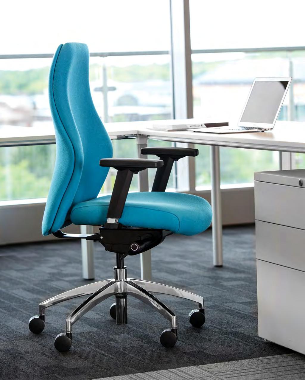 High back and mid back task chairs and matching cantilever visitor chair Synchronised mechanism providing freefloat back action, seat and back in 2:1 ratio, lockable