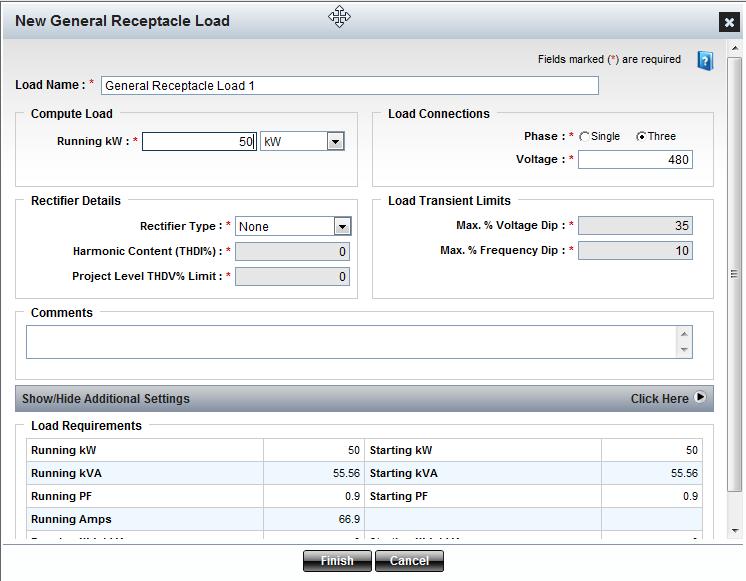 General Receptacle Load Entering a General Receptacle Load Form Overview This form allows selecting a General Receptacle load. Load Name Enter a meaningful name here to describe your load.