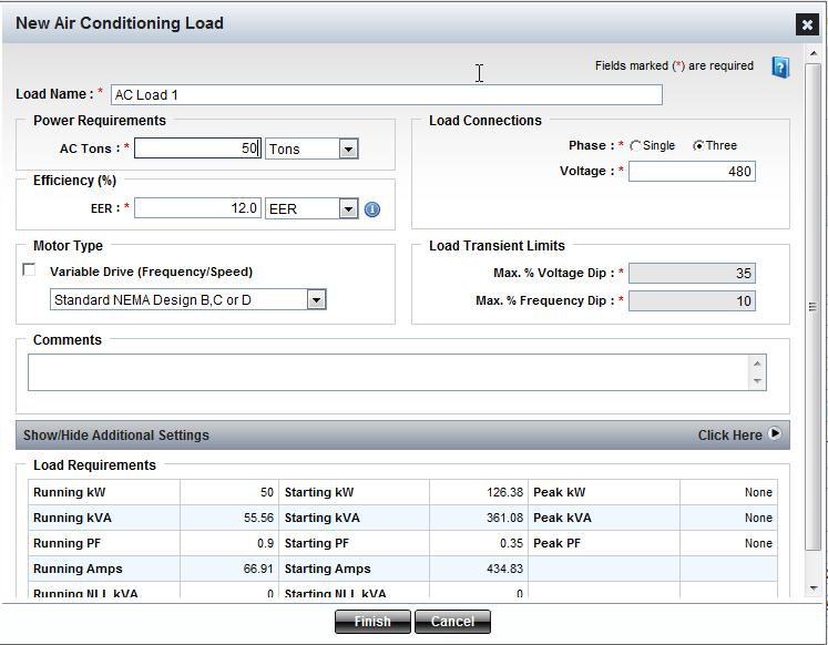 Air Conditioning Load Entering Air Conditioning Loads Form Overview This form allows adding a new air conditioning load and making adjustments to default load characteristics. Option 1.
