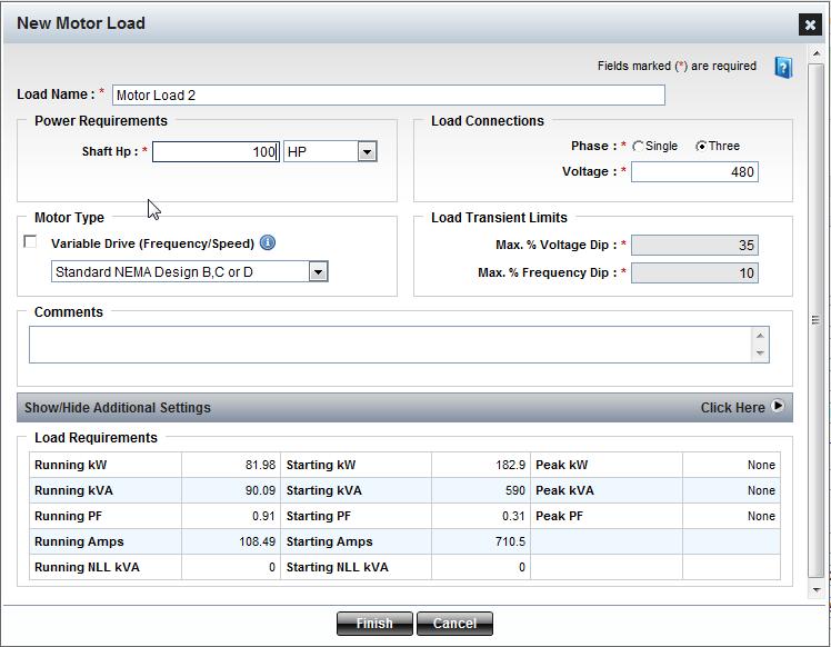 Motor Load Entering Motor Load Form Overview This form is used to add a new motor load and make adjustments to default motor load characteristics. Option 1.
