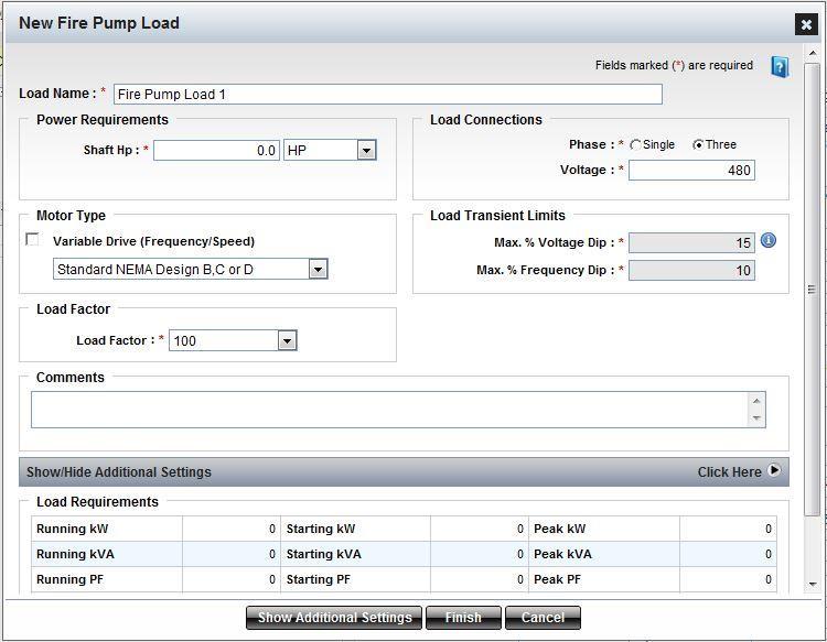 Fire Pump Load Entering Fire Pump Load Form Overview This form allows adding a new fire pump load and make adjustments to default fire pump load characteristics to match the pump s requirements.