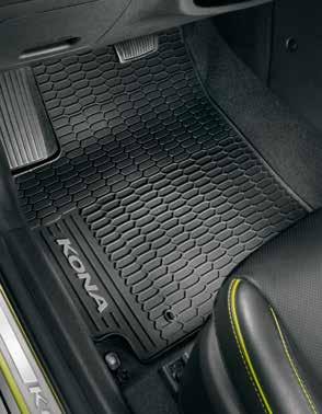 Made-to-measure and featuring the KONA logo in the driver s mat, these floor mats are held in place with fixing points and anti-slip backing.