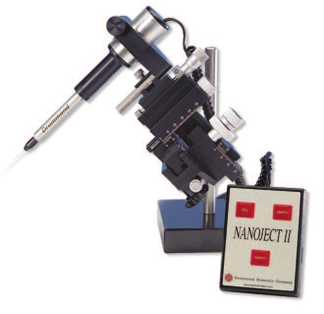Nanoject II Auto-Nanoliter Injector Automated microprocessor controlled Microinjection Pipet delivering precise nanoliter volumes accurately Remote control and nonrotating plunger eliminates