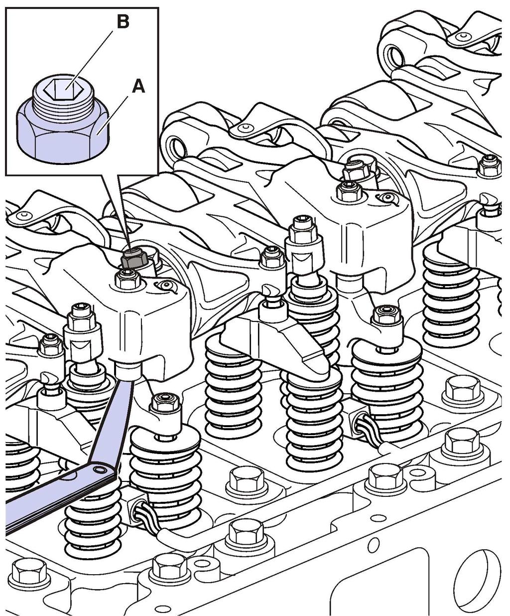 Service Bulletin 7.2013 214 93 02 11(13) 24 If the clearance is not within specification, loosen the brake rocker arm lock nut (A) and turn the adjuster screw (B) 1/2 to 1 turn counter-clockwise.