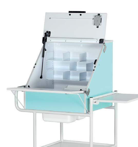 Dispensing Trolleys - Wooden, High Capacity Trolleys suitable for the storage & dispensing of drugs & medicines Lockable hinged lids Upper - Assisted using a gas strut, providing document