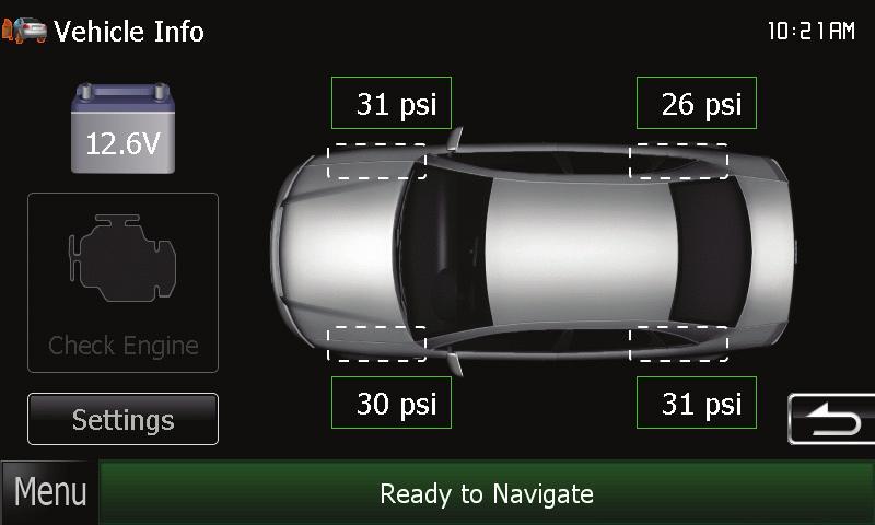 USING maestro features using maestro features (Continued) How to get there: vehicle info Press on Vehicle Info to display information about the vehicle such as tire pressure, battery voltage and open