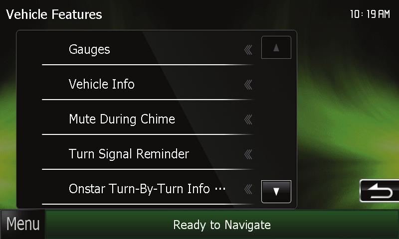 CHANGING THE SETTINGS Changing THE SETTINGS (Continued) To change the behavior of the vehicle s warning chime or information chime, press on the Mute During Chime tab.