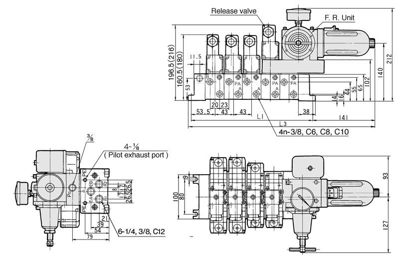 VS7-6 Manifold/Dimensions F. R. Unit ( ): In case of direct manual override style.