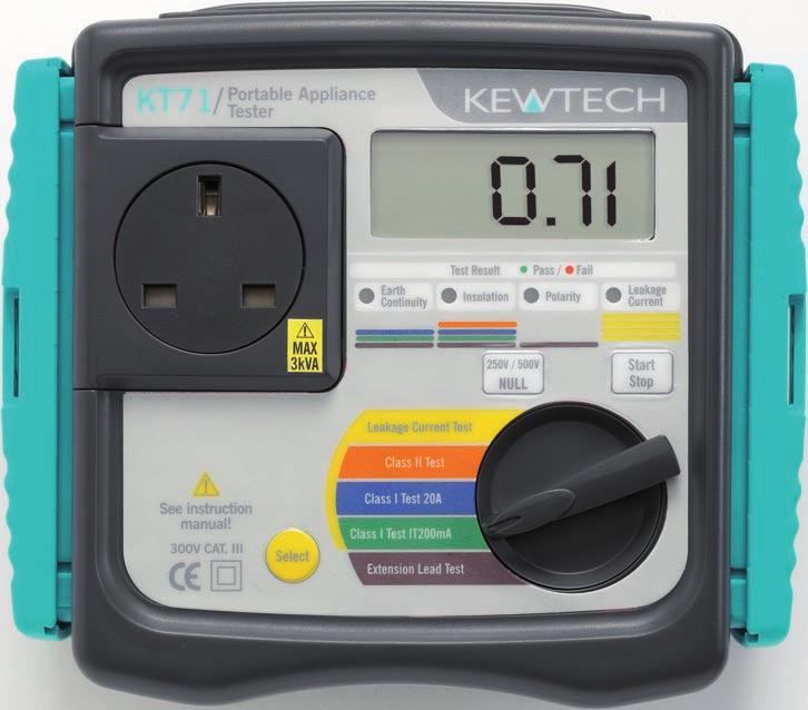KT71 PAT Tester with Auto Test Sequence PRODUCT DATA SHEET KT71 PAT TESTER WITH AUTO TEST SEQUENCES Performs Earth bond at 200mA for IT appliances and high current 20A for all other appliances 250V /