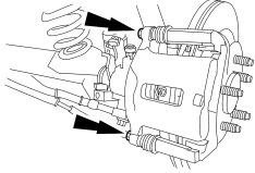 Install the brake caliper using the 2 brake caliper bolts. Tighten to specifications. Refer to Specifications in this section.