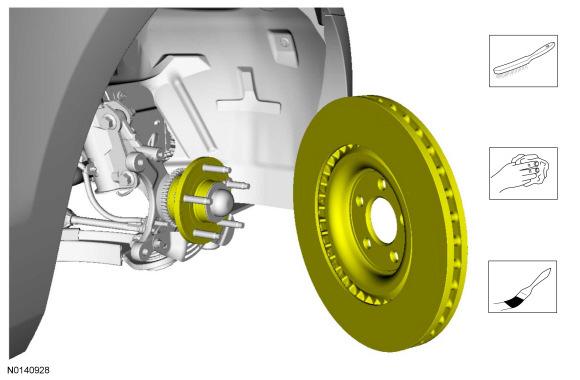 Brake Rotor Installation: NOTICE: Do not use an abrasive sanding disc since it will remove paint or other protective finishes from the wheel or metal from the mounting surfaces, adversely affecting