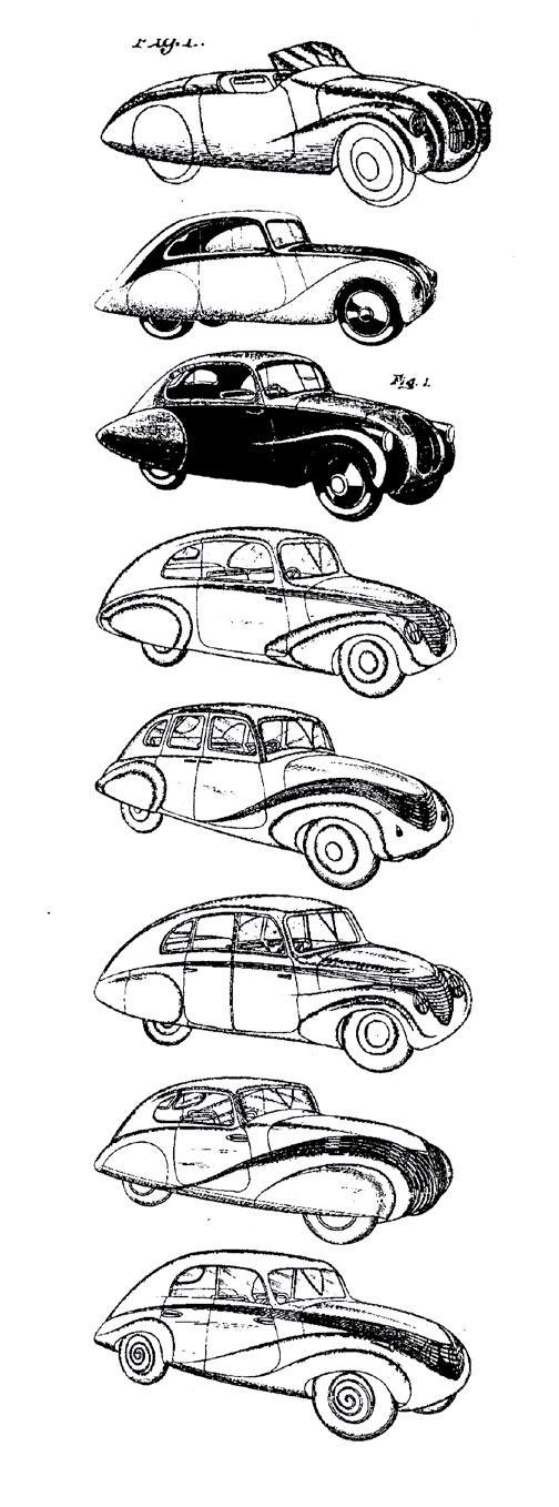 Singer Le Mans Coupe and Airstream A sequence of designs by Captain Douglas Fitzmaurice between 1933 and 1936, linking his concepts for the Singer Airstream to his later Ford V8 project., own design.
