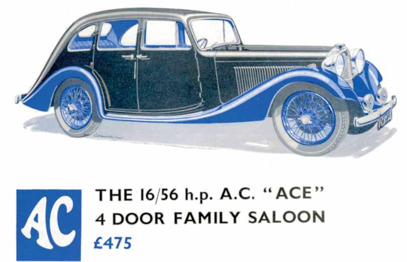 AC and Alvis saloons 1934 sales brochure for the AC 16/56 Ace four-door Family Saloon.