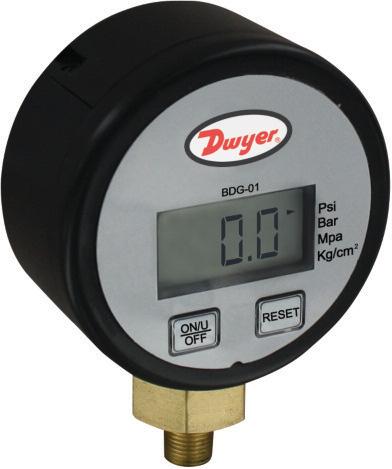 BDG Brass Digital Pressure Gage ±0.5% FS Accuracy, Brass Wetted Parts Ø2-43/64 [Ø67.87] 1-3/8 [34.75] The BDG-01 Brass Digital Pressure Gage measures gas pressure with ± 0.
