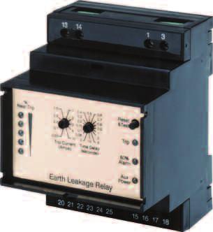 Earth Leakage Relay DIN-rail Mounted Precision digital protection relay Adjustable sensitivity of 30mA to 10A Adjustable time delay from 0 to 10 seconds Double-pole relay contacts 8A, 250V Supply