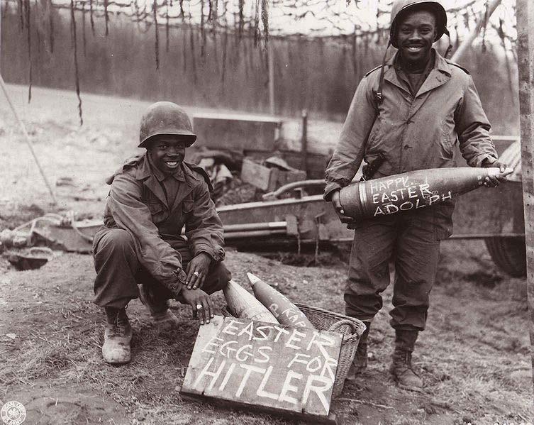 Field artillery is a category of mobile artillery used to support armies in the field. These U.S. Army troops in Europe, winter 1944-5, with artillery shells labeled as "Easter Eggs for Hitler".